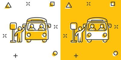 Bus station icon in comic style. Auto stop cartoon vector illustration on white isolated background. Autobus vehicle splash effect business concept.