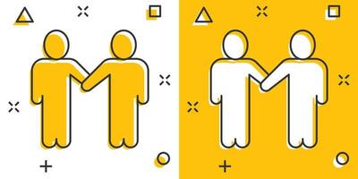 Greetings gesture icon in comic style. People handshake cartoon vector illustration on white isolated background. Hand shake splash effect business concept.