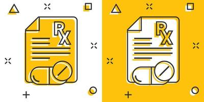 Prescription icon in comic style. Rx document cartoon vector illustration on white isolated background. Paper splash effect business concept.