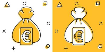 icono de bolsa de dinero en estilo cómico. Ilustración de vector de dibujos animados de bolsa de dinero sobre fondo aislado. signo de efecto de salpicadura de saco de monedas concepto de negocio.