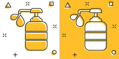 icono de desinfectante de manos en estilo cómico. ilustración de vector de dibujos animados de botella antiséptica sobre fondo aislado. desinfecte el concepto de negocio de signo de efecto de salpicadura de gel.