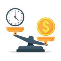 Time vs money on scales in flat style. Weight balance vector illustration on isolated background. Equilibrium comparison sign business concept.