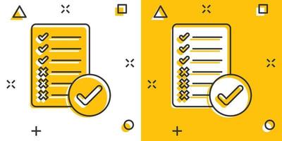 icono de lista de verificación de documentos en estilo cómico. informar ilustración vectorial de dibujos animados sobre fondo blanco aislado. concepto de negocio de efecto de salpicadura de hoja de papel. vector