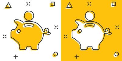 Money box icon in comic style. Pig container cartoon vector illustration on white isolated background. Piggy bank splash effect business concept.