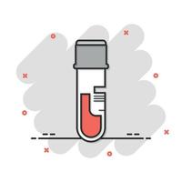 Blood in test tube icon in comic style. Laboratory flask cartoon vector illustration on isolated background. Liquid in beaker splash effect sign business concept.