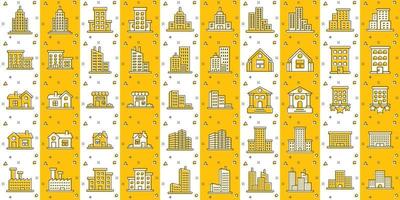 Building icon set in comic style. Town skyscraper apartment cartoon vector illustration on white isolated background. City tower splash effect business concept.