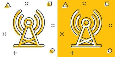 Antenna tower icon in comic style. Broadcasting cartoon vector illustration on white isolated background. Wifi splash effect business concept.