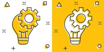 Innovation icon in comic style. Lightbulb with cogwheel cartoon vector illustration on white isolated background. Idea splash effect business concept.