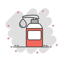 Hand sanitizer icon in comic style. Antiseptic bottle cartoon vector illustration on isolated background. Disinfect gel splash effect sign business concept.