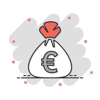 icono de bolsa de dinero en estilo cómico. Ilustración de vector de dibujos animados de bolsa de dinero sobre fondo aislado. signo de efecto de salpicadura de saco de monedas concepto de negocio.