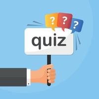 Hand holding placard with quiz text icon in flat style. Questionnaire vector illustration on isolated background. Exam interview sign business concept.