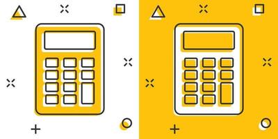 Calculator icon in comic style. Calculate cartoon vector illustration on white isolated background. Calculation splash effect business concept.