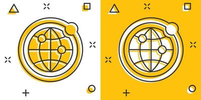 icono del planeta tierra en estilo cómico. ilustración de vector de dibujos animados geográficos de globo sobre fondo blanco aislado. concepto de negocio de efecto de salpicadura de comunicación global.