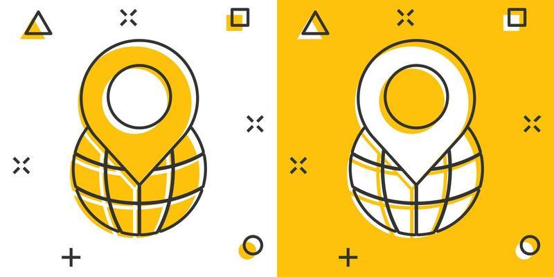 Global navigation icon in comic style. Globe pin gps cartoon vector illustration on white isolated background. Planet direction splash effect business concept.