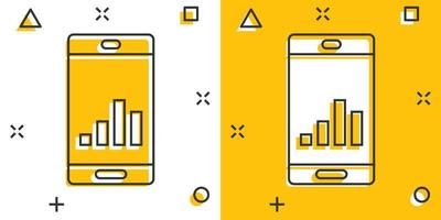 icono de diagrama de teléfono en estilo cómico. ilustración vectorial de dibujos animados de estadísticas de crecimiento de teléfonos inteligentes sobre fondo blanco aislado. concepto de negocio de efecto de salpicadura de análisis de gadgets. vector