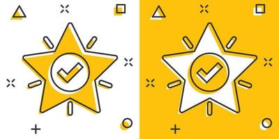 Check mark with star icon in comic style. Add to favorite cartoon vector illustration on white isolated background. Bookmark splash effect business concept.