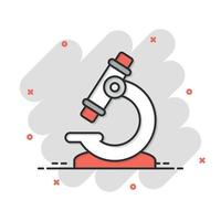 Microscope icon in comic style. Laboratory magnifier cartoon vector illustration on isolated background. Biology instrument splash effect sign business concept.