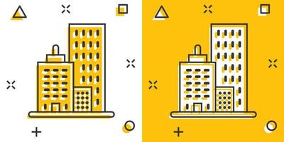 Building icon in comic style. Town skyscraper apartment cartoon vector illustration on white isolated background. City tower splash effect business concept.