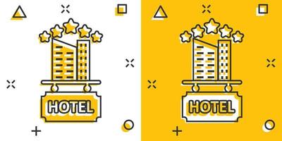 Hotel 3 stars sign icon in comic style. Inn building cartoon vector illustration on white isolated background. Hostel room splash effect business concept.