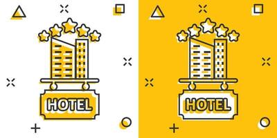 icono de signo de hotel 3 estrellas en estilo cómico. Posada edificio ilustración vectorial de dibujos animados sobre fondo blanco aislado. concepto de negocio de efecto de salpicadura de habitación de albergue. vector