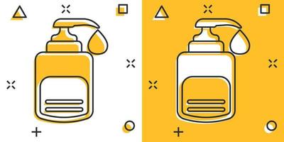 Hand sanitizer icon in comic style. Antiseptic bottle cartoon vector illustration on isolated background. Disinfect gel splash effect sign business concept.