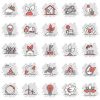 Eco environment icons set in comic style. Ecology cartoon vector illustration on white isolated background. Bio emblem splash effect sign business concept.