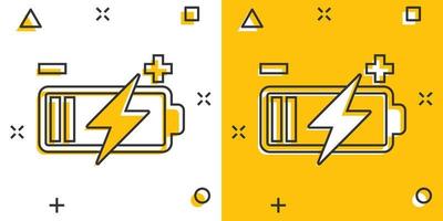 Battery charge icon in comic style. Power level cartoon vector illustration on white isolated background. Lithium accumulator splash effect business concept.