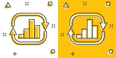 Growing bar graph icon in comic style. Increase arrow cartoon vector illustration on white isolated background. Infographic progress splash effect business concept.