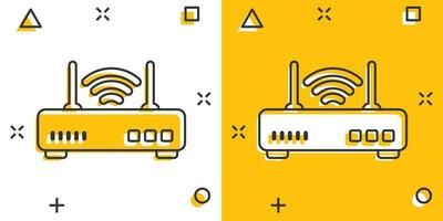 icono de enrutador wifi en estilo cómico. ilustración vectorial de dibujos animados de banda ancha sobre fondo blanco aislado. concepto de negocio de efecto de salpicadura de conexión a Internet. vector