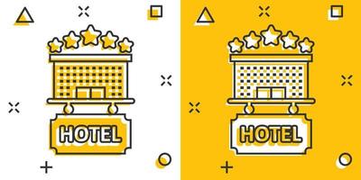 Hotel 3 stars sign icon in comic style. Inn building cartoon vector illustration on white isolated background. Hostel room splash effect business concept.