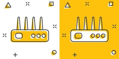 icono de enrutador wifi en estilo cómico. ilustración vectorial de dibujos animados de banda ancha sobre fondo blanco aislado. concepto de negocio de efecto de salpicadura de conexión a Internet. vector