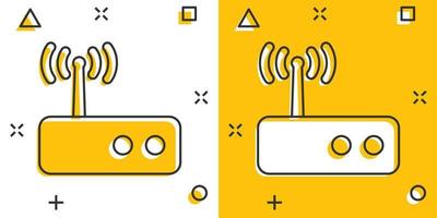 icono de enrutador wifi en estilo cómico. ilustración vectorial de dibujos animados de banda ancha sobre fondo blanco aislado. concepto de negocio de efecto de salpicadura de conexión a Internet. vector