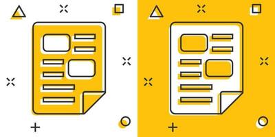 icono de nota de documento en estilo cómico. ilustración de vector de dibujos animados de hoja de papel sobre fondo blanco. concepto de negocio de efecto de salpicadura de documento de bloc de notas.
