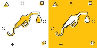 icono de la bomba de combustible en estilo cómico. Ilustración de vector de signo de dibujos animados de gasolinera sobre fondo blanco aislado. concepto de negocio de efecto de salpicadura de gasolina.