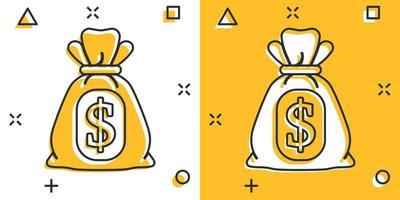 Money bag icon in comic style. Moneybag cartoon vector illustration on isolated background. Coin sack splash effect sign business concept.