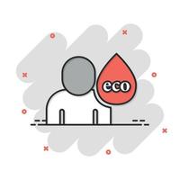 icono de vida saludable de la gente en estilo cómico. ilustración de vector de dibujos animados de gota de agua sobre fondo blanco aislado. concepto de negocio de signo de efecto de salpicadura de ecosistema orgánico.