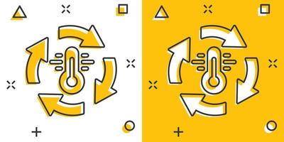 icono de control climático del termómetro en estilo cómico. Ilustración de vector de dibujos animados de equilibrio meteorológico sobre fondo blanco aislado. concepto de negocio de efecto de salpicadura de temperatura fría y caliente.