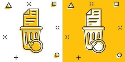 Trash bin with document icon in comic style. Paper recycle cartoon vector illustration on white isolated background. Office garbage splash effect business concept.