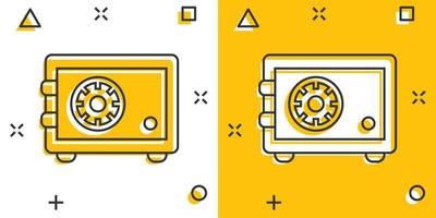 icono de dinero seguro en estilo cómico. Ilustración de vector de dibujos animados de caja fuerte sobre fondo blanco aislado. concepto de negocio de efecto de salpicadura de seguridad financiera.