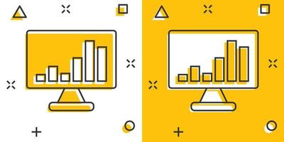 icono de análisis de sitios web en estilo cómico. ilustración vectorial de dibujos animados de datos seo sobre fondo blanco aislado. concepto de negocio de efecto de salpicadura de diagrama de computadora. vector