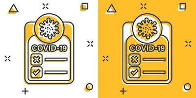 icono de prueba de coronavirus en estilo cómico. covid-19 ilustración vectorial de dibujos animados sobre fondo aislado. concepto de negocio de signo de efecto de salpicadura de diagnóstico médico. vector