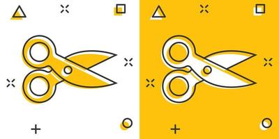 Scissor icon in comic style. Cut equipment cartoon vector illustration on white isolated background. Cutter splash effect business concept.