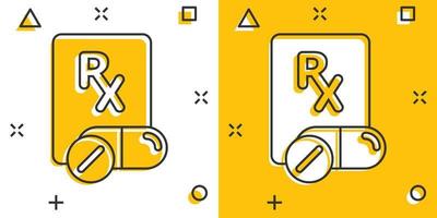 Prescription icon in comic style. Rx document cartoon vector illustration on white isolated background. Paper splash effect business concept.