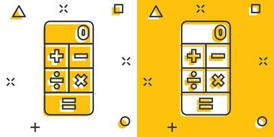 Calculator icon in comic style. Calculate cartoon vector illustration on white isolated background. Calculation splash effect business concept.