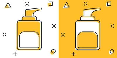 Hand sanitizer icon in comic style. Antiseptic bottle cartoon vector illustration on isolated background. Disinfect gel splash effect sign business concept.