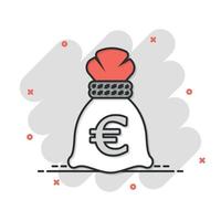 icono de bolsa de dinero en estilo cómico. Ilustración de vector de dibujos animados de bolsa de dinero sobre fondo aislado. signo de efecto de salpicadura de saco de monedas concepto de negocio.