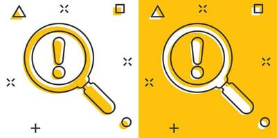 Risk analysis icon in comic style. Exclamation magnifier cartoon vector illustration on white isolated background. Attention splash effect business concept.