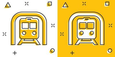 Metro icon in comic style. Train subway cartoon vector illustration on white isolated background. Railroad cargo splash effect business concept.