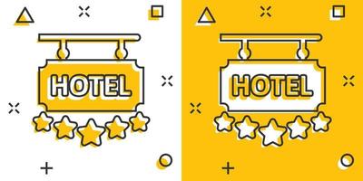 Hotel 5 stars sign icon in comic style. Inn cartoon vector illustration on white isolated background. Hostel room information splash effect business concept.