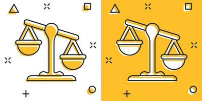 Scales icon in comic style. Libra cartoon vector illustration on isolated background. Mass comparison splash effect sign business concept.